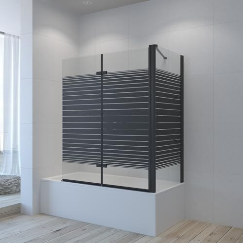 Eck Duschtrennwand Schwarz matt 120 x 70 x 140 cm Duschwand für Badewanne faltbar Badewannenaufsatz mit Seitenwand Badewannenfaltwand Dekorlinien Industrial Black Loft Style 5 mm Echtglas | AQUABATOS