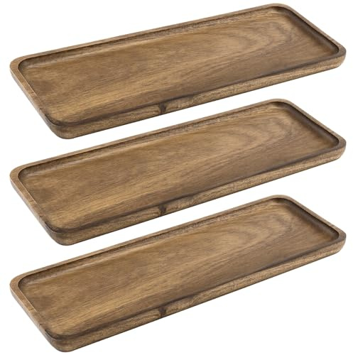 FAAING Juego de 3 bandejas de madera rectangulares de madera de acacia, 29 x 10 cm, bandeja decorativa pequeña, bandeja decorativa de madera, bandeja decorativa rectangular