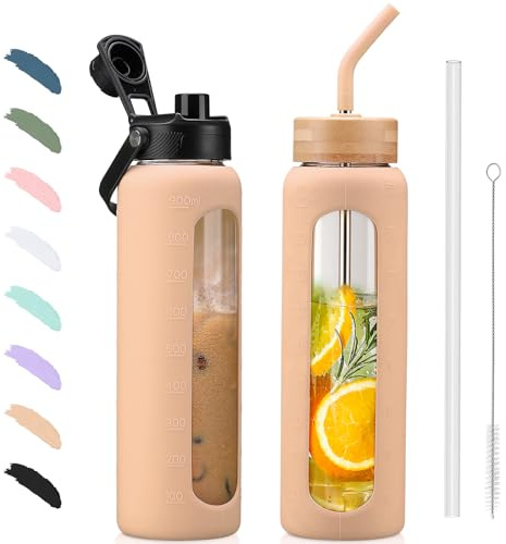 BLUEGO 900ml Glass Water Bottle with Straw and 2 Lids Glass Coffee Cup with Time Marker and Silicone Protector Glass Tumbler for Beverages Soda Cola BPA Free, Amber