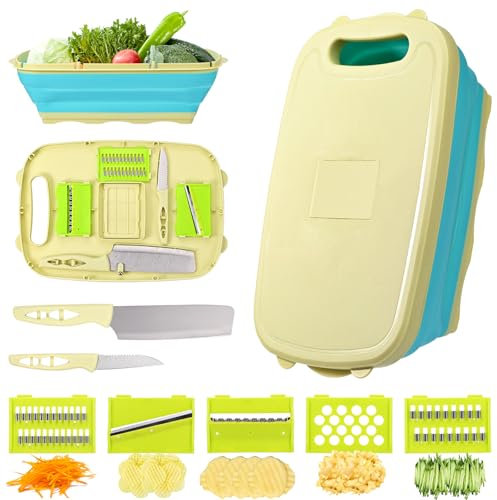 Tagliere multifunzione da cucina, tagliere pieghevole 9 in 1 con cestello di scarico e 5 lame e 2 coltelli,tagliere pieghevole,cucina accessori utili x la casa