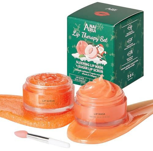 ANAiRUi Lippenmaske & Lippenpeeling-Set, Geschenkset Weihnachtspfirsich + Collagen-Lippenpflege, Overnight Lip Mask und Lippen-Peeling für rissige und sich schälende Lippen