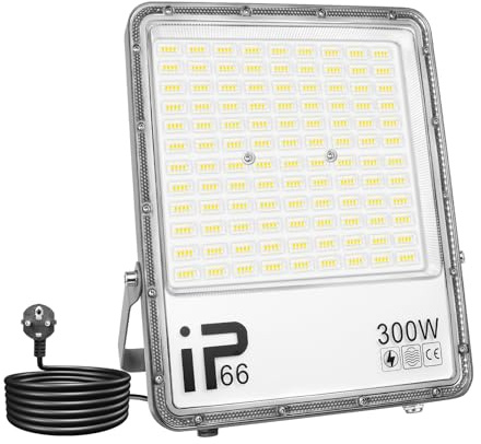 AUXTINGS Foco LED Exterior 300W, Foco Led con Enchufe, Super Luminoso 30000LM 6000K Blanco Frío Proyector Led Exterior, Impermeable IP66 Iluminación de Seguridad para Casa,Patio,Garaje,Terraza,Campo