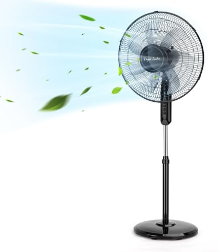 Taylor Swoden Ventilatore a Piantana Potente, 50W, 7 Pale, 3 Velocità Ventilatore Silenzioso, Oscillante, Altezza Regolabile, Griglia, Base Rotonda Stabile, Nero, 43x40x130cm