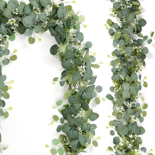 Lxoraziy 2 Pack Greenery Garland Artificial Eucalyptus Leaves Garland, 5.7Ft Faux Silver Dollar Eucalyptus Vines with White Flower, Greenery Vines for Wedding Party Table Runner Backdrop Wall Decor