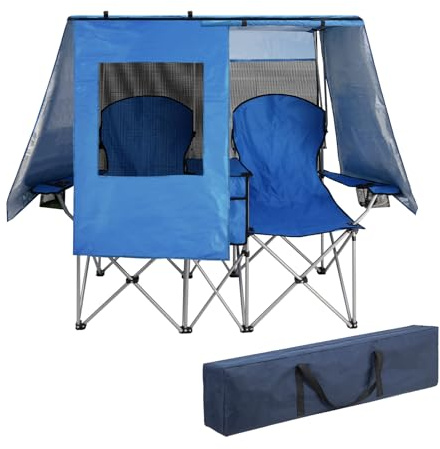 BESTHLS Double Camping Chair with Canopy Shade - Heavy Duty 600D Outdoor Loveseat for Adults, 2-Person Beach Chair with Umbrella, Folding Camp Loveseat for Fishing, Sports, Patio (Blue)