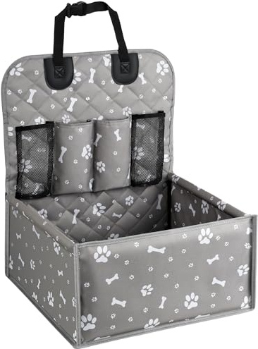 Asiento trasero para perros pequeños con clip para el collar y bolsa de almacenamiento, impermeable y estable, apto para cualquier coche, diseño de hueso gris (45 x 45 x 24 cm)