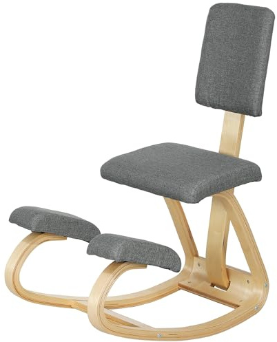 HOMCOM Silla Ergonómica de Rodillas con Respaldo, Silla de Rodillas, Cojines Acolchados, Marco de Madera, para una Mejor Postura, Oficina, Gris