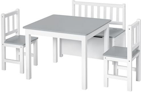 HOMCOM Mesa Infantil con 2 Sillas y Banco con Almacenaje Gris y Blanco