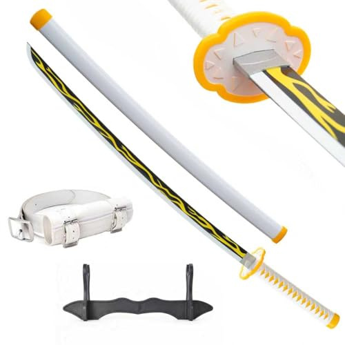 Wah Shing Yuen Demon Sword SchwertWood (Agatsuma Zenitsu) Set con cinturón y Soporte Espada samurái de bambú de 102 cm (muñón) - Arma de Disfraz de Anime Cosplay