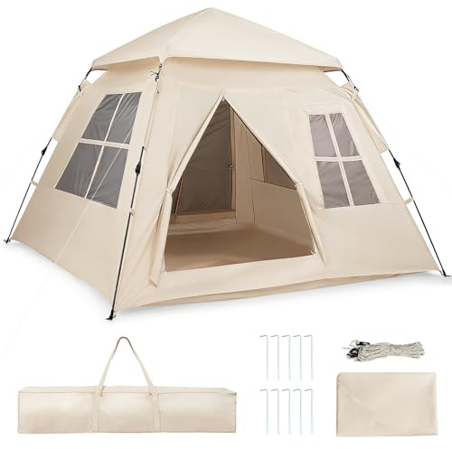 COSTWAY Tienda Campaña para 4 Personas, Pop up, 230 x 230 x 152 cm | 4 Ventanas de Malla y 2 Puertas, Toldo para Lluvia, Bolsa de Transporte, Portátil para Senderismo, Picnic
