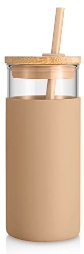 Tronco 20 oz Glass Tumbler with Lid and Straw, Iced Coffee Cup and Smoothie Cup with Bamboo Lids & Protective Silicone Sleeve, Dishwasher Safe, BPA-Free, Glass Cup 1 Pack