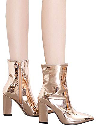 TIKENBST Tacchi Donna Tacchi Alti 14CM Tacchi Alti in Pelle Verniciata Stivali con Tacco Spesso A Punta Stivali Corti Donna,Gold-40