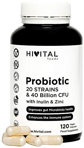 Probiótico 20 cepas 40 mil millones de UFC con Inulina y Zinc. 120 cápsulas veganas gastroresistentes para 2 meses de tratamiento. Probióticos y Prebióticos. Fabricado en España por HIVITAL