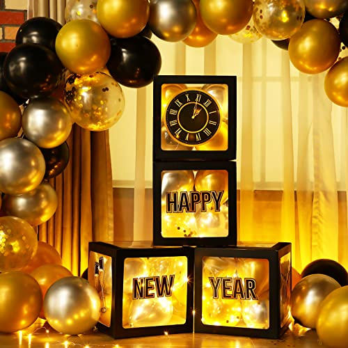 Capoda 51 Pcs Happy New Year Party Decoration Kit, Black and Gold 2026 Balloon New Years Boxes with Balloon and LED Light Strings Supplies
