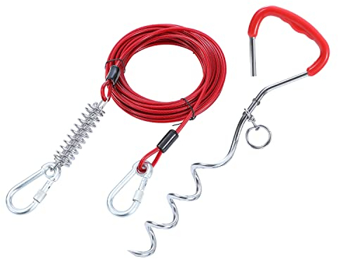 TOPWAY Cable para Atar Perros 10m y Piqueta en Espiral de 42cm, Amarre para Mascotas, para Exteriores Jugar, Acampar y en el Patio Trasero, Roja + Roja