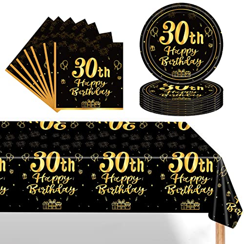 POPOYU Ensemble de vaisselle 37 pièces pour 30e anniversaire - Assiettes en carton noir et doré - Serviettes de table de 17,8 cm - Pour homme, femme, lui, elle - Cadeaux de fête d'anniversaire