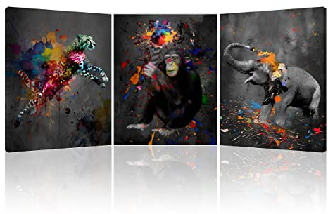 Piy Painting Cuadro moderna en blanco y negro, Animales Imágenes - Orangutanes, elefantes, leopardos foto Dibujo con Marco 30x40cm Listo para Colgar Arte Mural Para Playroom Cafetería, 3 unids/set