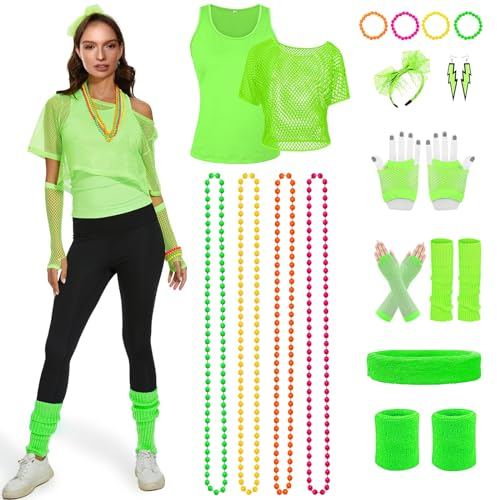 YushengTai 80er 90er Jahre Outfit Damen, 80er 90er Jahre Accessoires, Rave Outfit Damen, Neonoberteil, Halskette, Armband, Ohrringe, Netzhandschuhe Neon Party Outfit, L (Grün)