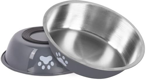 Stainless Steel Cat Bowls 2 pack, Whisker Friendly Shallow Cat Dishes for Food and Water, Non-Slip Silicone Bottom, Heavy Duty, Replacement Kitten Metal Plate for Elevated Stands (Grey)