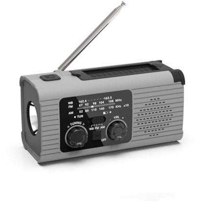 Marran Radio MeteorolóGico de Emergencia, Radio de Alerta MeteorolóGica de 4000 MAh con Carga Solar, Manivela y Carga USB, Radio Am/FM - Gris