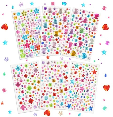 HOTUT Strass Autocollants, 6 Feuilles Gem Strass Autocollants, Autocollants Auto-Adhésifs, Gem Cristal Acrylique pour Visage Maquillage Ongles DIY Décoration