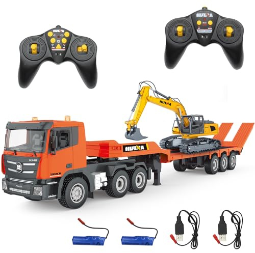 fisca RC Semi Truck and Excavator Toy, 2.4 GHz Remote Controlled Flatbed Truck and Excavator Toy, 1:24 RC Tractor Unit with Sound and Lights, Suitable for Construction Vehicles for Boys (Orange)