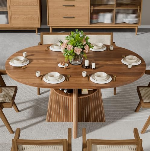 43.3in-59in Extendable Dining Room Table for 4-8, Round Expandable Kitchen Table with Fluted Base, Modern Oval Dinner Tables with 4 Storage Shelves for Kitchen Living Room (Walnut, 43.3in)
