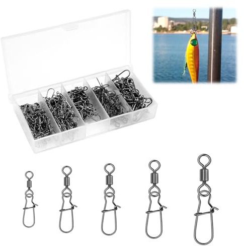 100 Pezzi Girelle da Pesca, Mulinelli da Pesca con Moschettone, Moschettoni Pesca in Acciaio Inox, Anelli Solidi con Moschettone, per Esche da Pesce, Pescas alla Trota (5 Dimensioni 4# 6# 8# 10# 12#)