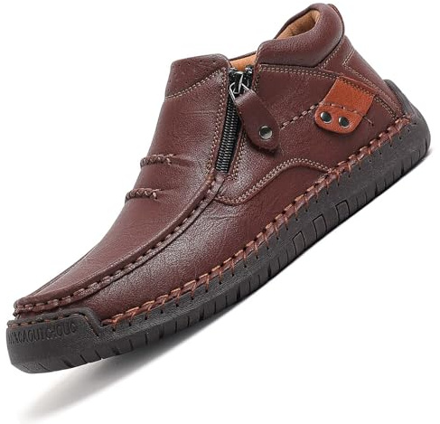 GHTRHSB Bottes orthopédiques en cuir à enfiler pour homme, chaussures de randonnée confortables faites à la main avec fermeture éclair latérale, marron, 42 1/3 EU