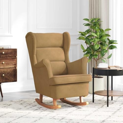 RuiNingRN Brun sammetsgungstol med massiva träskenor, ergonomisk öronfåtölj, relax- och amningsstol för vardagsrum, sovrum, balkong eller trädgård, med kudde och fotstöd