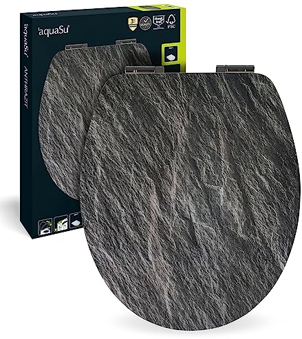 aquaSu® WC-Sitz mit Absenkautomatik, Stein Dekor Anthrazit Matt, Toilettensitz mit Holzkern, FastFix Schnellbefestigung, Standard O Form universal, Metallscharniere, Motiv WC Deckel Stein, 40370 2