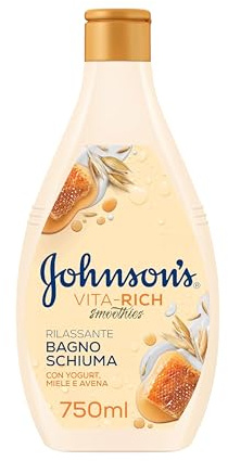 Johnson's Vita-Rich Bagnoschiuma Rilassante, Bagnodoccia con concentrato di Yogurt, Miele e Avena, Docciaschiuma nutriente per una pelle profumata e una sensazione di benessere fino a 24 ore, 750 ml