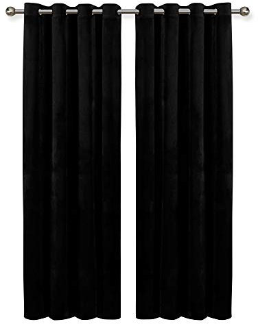 Oxford Homeware Blackout Curtains for Bedroom – Black Velvet Curtains 66x72 - Thermal Insulated Eyelet Curtains for Living Room + 2 Tie Backs (168cm x 183cm)