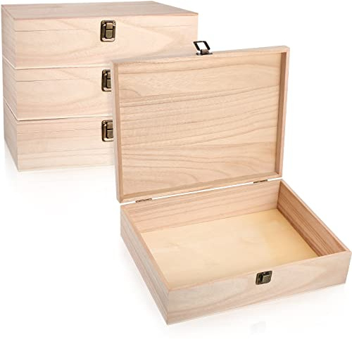 Yookeer 4 Pcs Unfinished Wooden Boxes with Hinged Lid and Front Clasp Rectangle Wood Storage Box Natural DIY Craft Stash Bins for Gift Hobbies Keepsake Home Arts 12 x 9.25 x 3.35 Inch