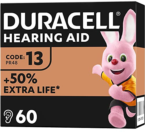 Duracell pilas para audífonos tamaño 13 (paquete de 60) +50 % extra duración, fácil instalación, embalaje 100 % reciclable, 4 años de vida útil garantizada en su envase
