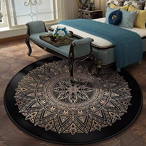 FLBT Vintage-Teppich, Schwarz-Gold-Mandala, runder Teppich, schicke Bodenmatte für den Innenbereich, für Wohnzimmer, Schlafzimmer, Kinder, Spielzimmer, rutschfeste Stuhl-Couch-Auflage,