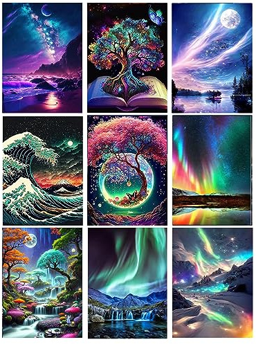 9 Pack Landscape Diamond Painting Kits for Adults，5D DIY Aurora with Tree Diamond Art Kits for Beginners Round Full Drill Painting with Diamonds Gem Art and Crafts for Home Wall Decor Gift12X16Inch