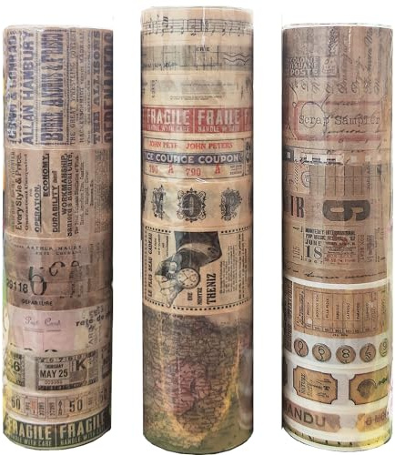 VEINARDYL 28 rollos (total 56 m) Vintage Washi Tape Set, cinta de enmascarar estilo nostálgico decoración pegatinas para manualidades, álbumes de recortes, planificador de viñetas, envoltura de