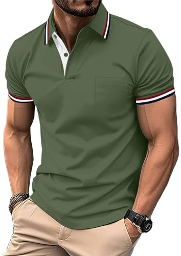 zitysport Polo Hombre Manga con Bolsillo en el Pecho Golf Polo Transpirable de Secado Rápido Poloshirt Deporte Slim Fit Tshirt Verano Camisa Hombre(Military Green-3XL)