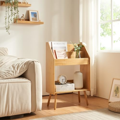 [en.casa] Beistelltisch Inderøy Wohnzimmertisch mit 3 Ablagefächern Bambus Zeitungsständer Konsolentisch Sofatisch mit Stauraum 80 x 50 x 25 cm