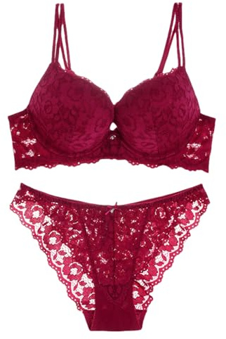 YUYUCH Women Lace Push Up Plunge Bras and Panty Set Soft Underwire Lift Support Bra Heavy Padded Bras Add 2 Cups T-Shirt Bras Burgundy