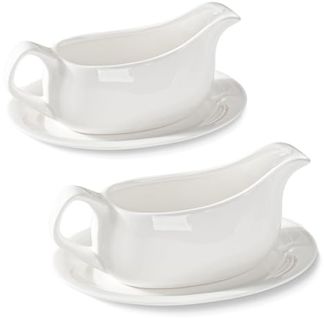 Dizada Gravy Boat with Saucer 19 Oz Set of 2 - White Porcelain Gravy Bowl, Ceramic Sauce Dispenser for Turkey, Dressing, Creamer, Microwave Dishwasher Safe