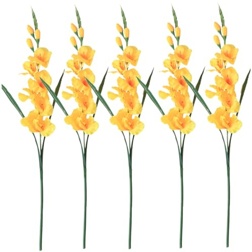 Gladiolus konstgjorda blommor, 5 st 65 cm lång stjälk, realistisk gladiolus med 3 knoppar och 7 blommor, lågt underhåll, dekorativt fuskgrönska för hem, bröllop, gul