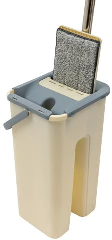 Juego de fregonas de suelo con cubo de 2 cámaras y 10 paños de microfibra | Fregona de acero inoxidable giratoria 360° (128 cm) | ABS inoxidable + dientes quitapelos | Incluye soporte de pared – para