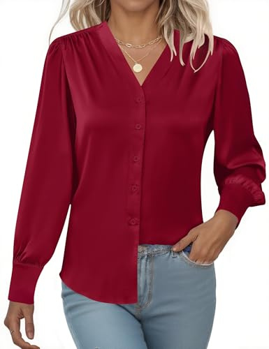 Rapbin Camisa de Satén para Mujer con Cuello en V y Manga Larga de Seda con Botón para Damas 2025 Tops Casuales para Oficina y Negocios, rosso, M