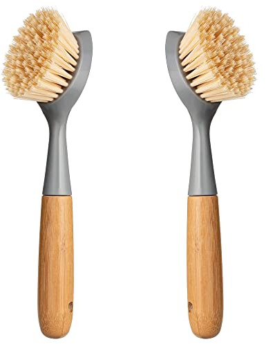 Paquete de 2 cepillos de cocina con mango de bambú, raspador integrado, cepillo para fregar sartenes, ollas, limpieza de fregadero de cocina, cepillos de limpieza para lavavajillas y limpieza, son