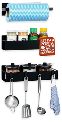 Avilia Set 3 Pezzi Organizer Cucina Magnetico per Frigorifero - Porta Spezie in Metallo Nero, Porta Rotolo e Ganci per Utensili - Scaffale Salvaspazio Senza Fori - per Dispensa e Frigo