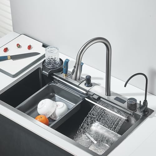 Evier Cuisine Multifonction avec Haute Pression Bec Extractible et Pure Rince Verr Automatique avec Egouttoir 1 Bac 75 * 45 * 22cm Inox