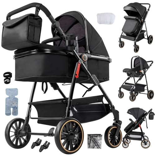 MoLi 3 in 1 Pushchair Pram Baby Stroller, Travel System 3 in 1 with Reversible Two Pushing Modes, Newborn Infant Buggy with One-Click Folding, Toddler Carriage Aluminium Frame (V8 Black)