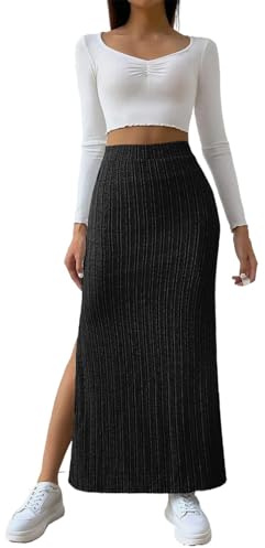 Jupes tricotées pour femme - Taille élastique - Jupe longue en tricot noir - Jupe midi droite - Jupe midi côtelée - Jupe longue d'automne - Jupe longue taille haute